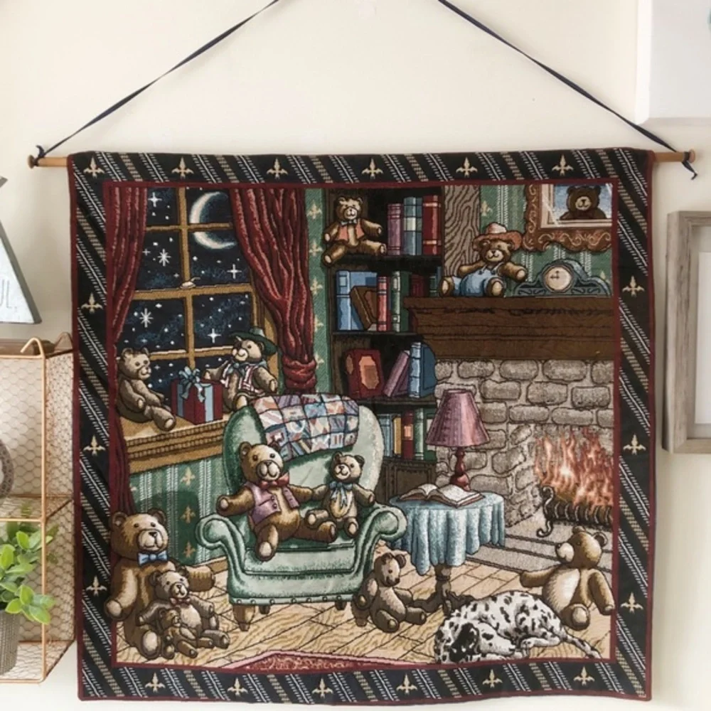 The Bear Den Vintage Tapestry Wall Hanging Cottagecore Cabin Nursery Made in USA